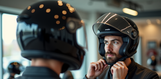 Jeune homme essayant un casque moto dans un showroom lumineux