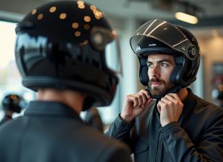 Jeune homme essayant un casque moto dans un showroom lumineux