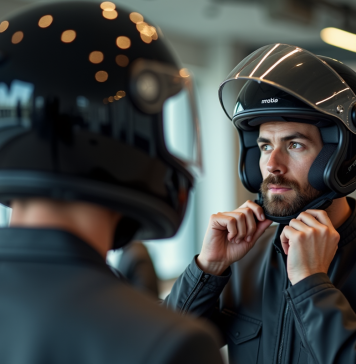 Jeune homme essayant un casque moto dans un showroom lumineux