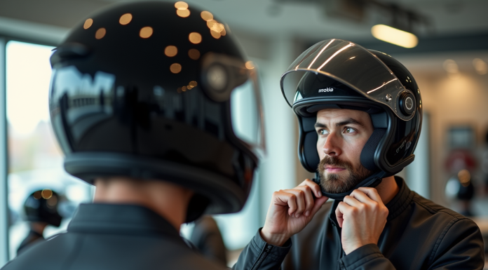 Jeune homme essayant un casque moto dans un showroom lumineux