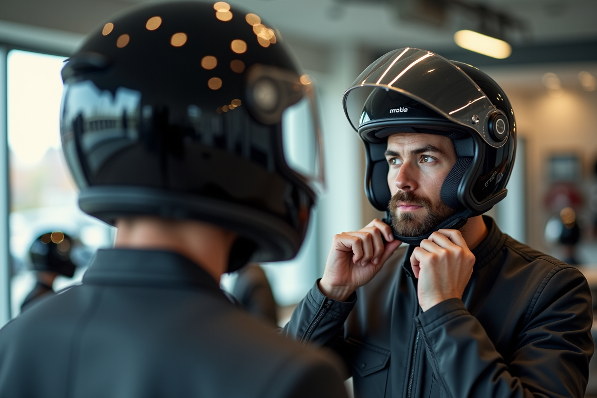 Jeune homme essayant un casque moto dans un showroom lumineux