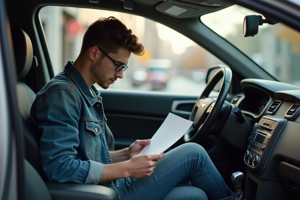 Jeune homme dans une voiture lit une lettre dans un décor urbain