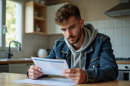 Jeune homme regarde sa licence de conduite et documents