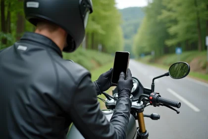 Jeune homme en moto fixant son téléphone sur un support