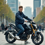 Les perles des motos 125 cm³ pour la ville en 2025 Jeune homme en moto dans une ville moderne et animée