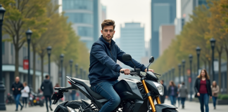 Jeune homme en moto dans une ville moderne et animée