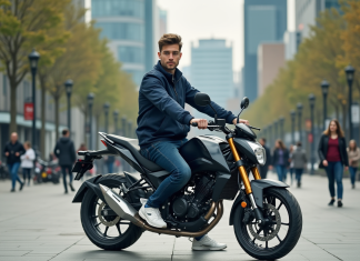 Jeune homme en moto dans une ville moderne et animée