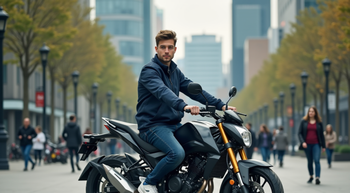 Jeune homme en moto dans une ville moderne et animée