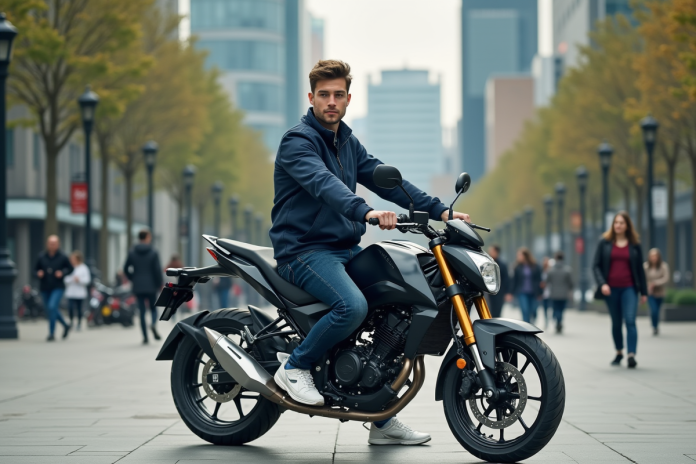 Jeune homme en moto dans une ville moderne et animée