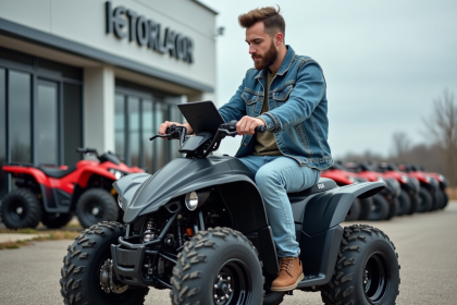Jeune homme en denim sur quad neuf avec tablette