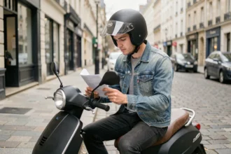 Jeune homme casqué assis sur un scooter 50cc en ville consultant des documents d'assurance