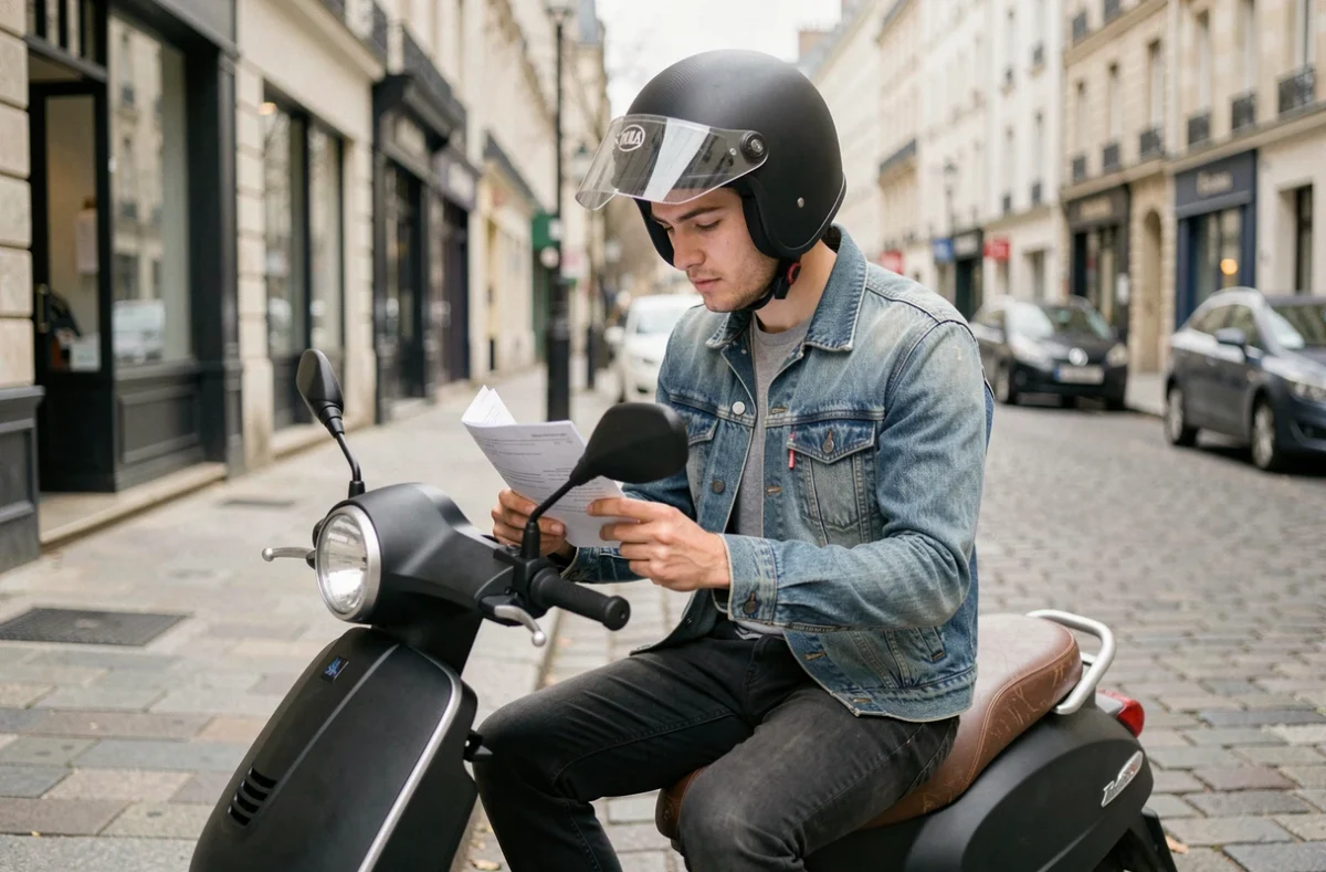 Jeune homme casqué assis sur un scooter 50cc en ville consultant des documents d'assurance