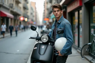 Jeune homme avec un scooter 50cc neuf garé sur un trottoir urbain, illustration d'une mobilité accessible pour petit salaire