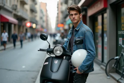 Jeune homme avec un scooter 50cc neuf garé sur un trottoir urbain, illustration d'une mobilité accessible pour petit salaire