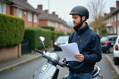 Jeune homme avec scooter et documents d'assurance