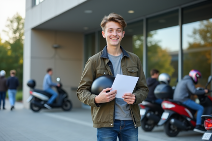 Jeune garçon souriant avec casque scooter devant école