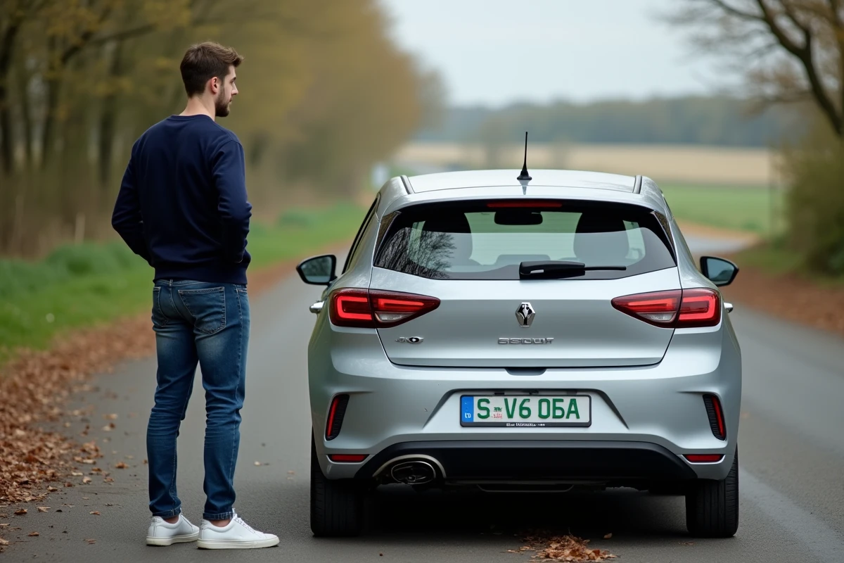 Jeune homme français devant une voiture verte en campagne