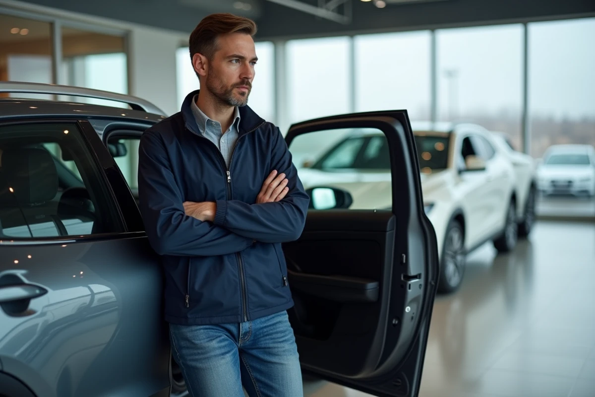 Journaliste automobile masculin analysant la voiture la plus vendue en France dans une concession moderne