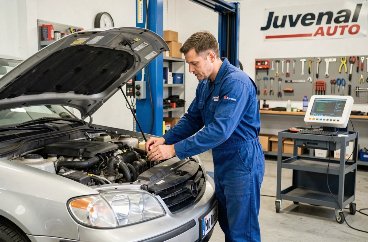 Mécanicien inspectant un moteur sous le capot dans le garage Juvenal Auto à Montpellier