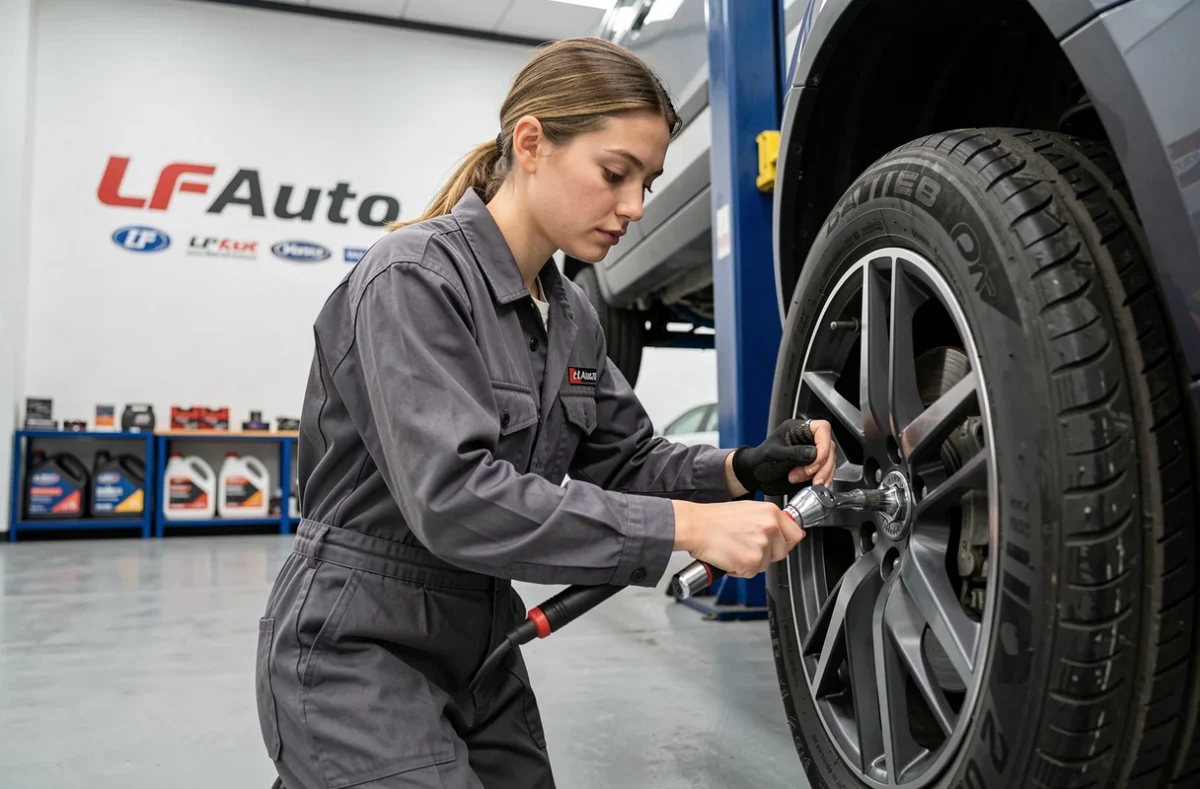 Mécanicienne serrant une roue avec une clé dynamométrique dans le garage LF Auto à Montpellier