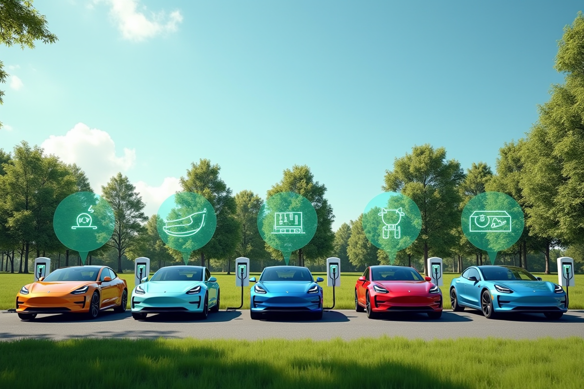 Ligne de voitures hybrides 2025 en campagne en plein jour