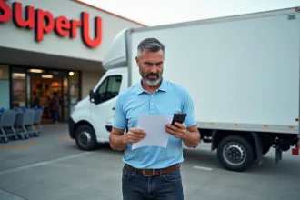 Homme consultant son téléphone à côté d'un camion de location Super U dans un parking de supermarché