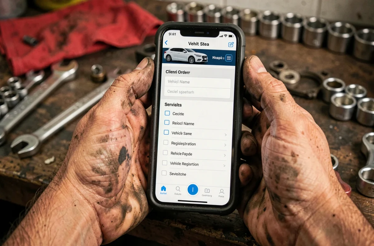 Mains de mécanicien tenant un smartphone affichant un bon de réparation numérique AtelioDoc dans un garage automobile