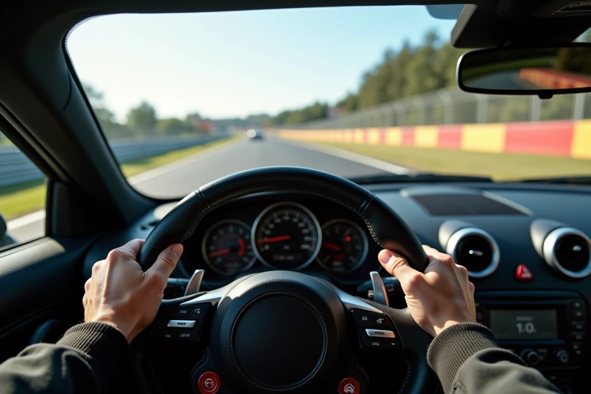 Mains sur le volant d'une voiture de piste en pleine session de stage de pilotage