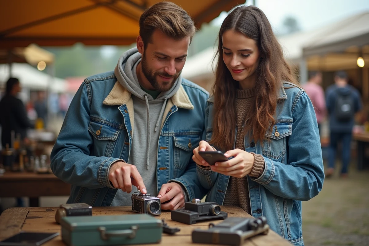 Couple examinant un objet vintage dans un marché aux puces en plein air tout en comparant les prix sur smartphone