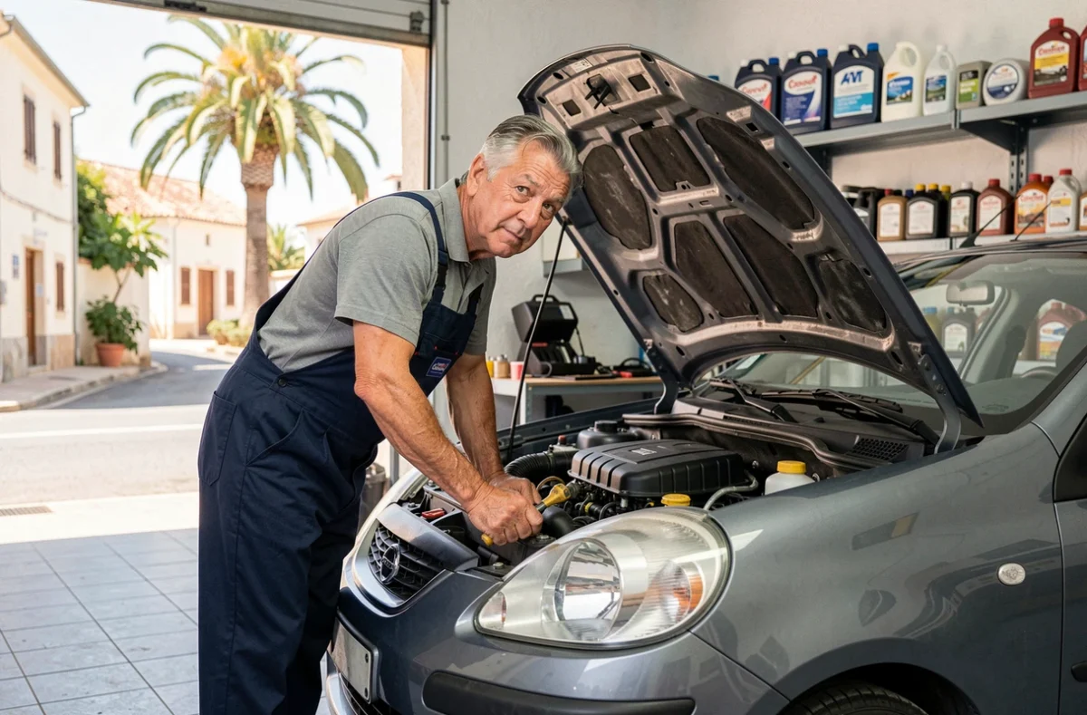 Mécanicien inspectant le moteur d'une voiture dans l'atelier propre et organisé du Garage des Allées M.D.L. en Haute-Corse