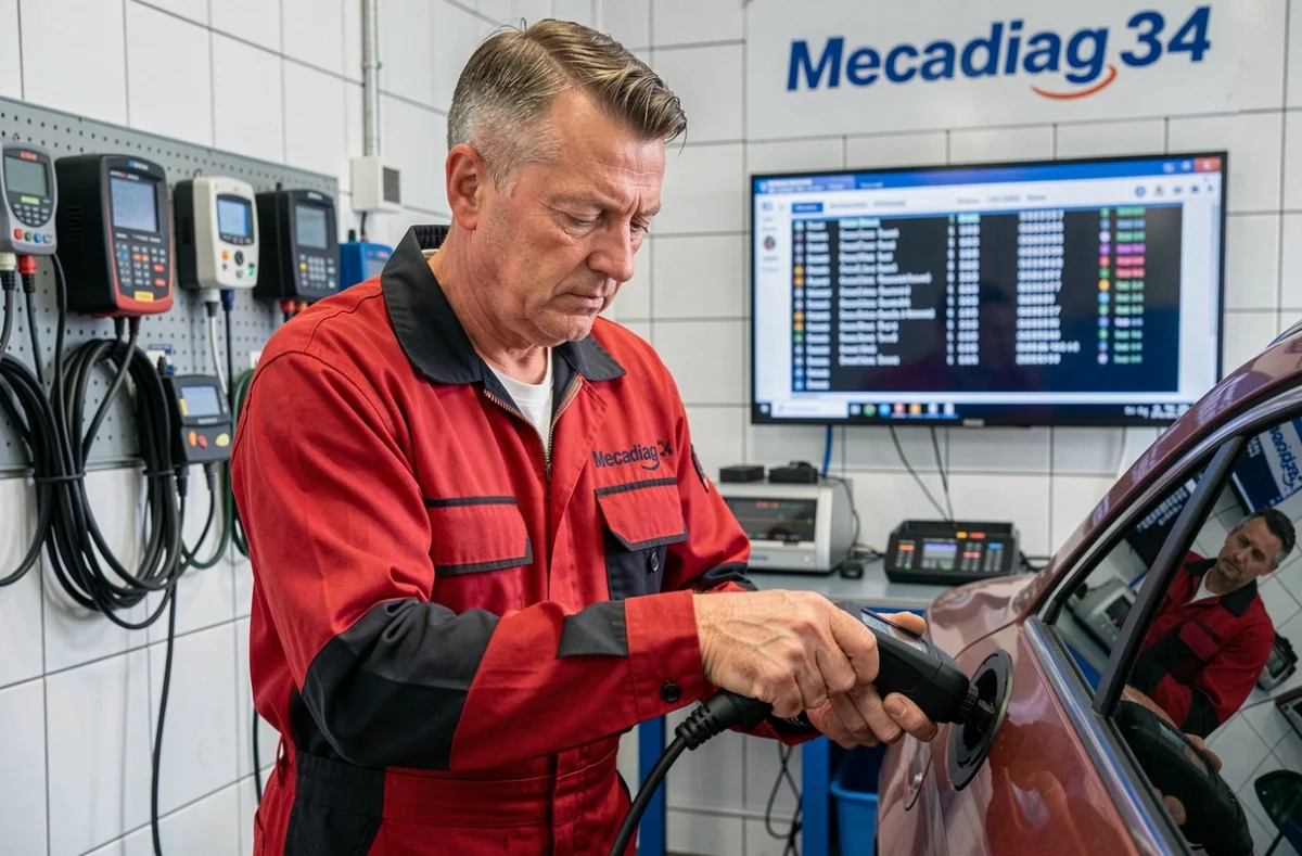 Technicien connectant un scanner de diagnostic OBD sur un véhicule dans l'atelier Mecadiag 34 à Montpellier