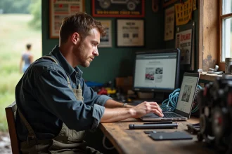 Homme moyenâgeux en overalls dans un atelier rural
