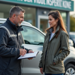 Contrôle technique véhicule : immobilisation possible ? Mecanicien avec conducteur devant un centre de contrôle technique