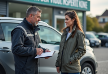 Mecanicien avec conducteur devant un centre de contrôle technique
