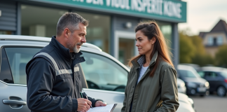 Mecanicien avec conducteur devant un centre de contrôle technique