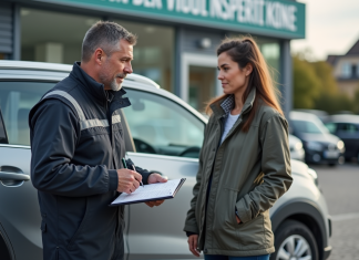 Contrôle technique véhicule : immobilisation possible ? Mecanicien avec conducteur devant un centre de contrôle technique