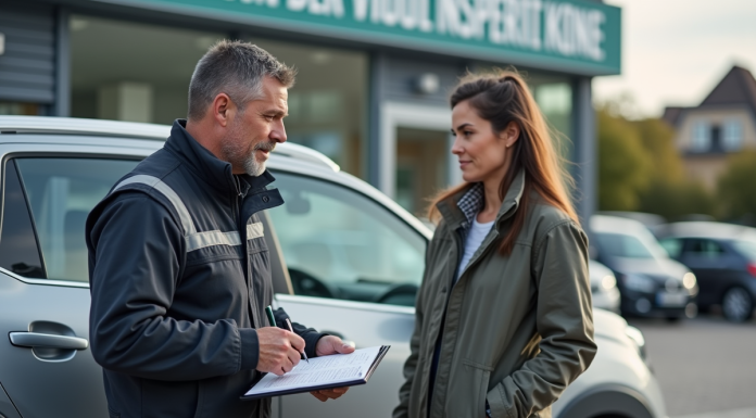 Contrôle technique véhicule : immobilisation possible ? Mecanicien avec conducteur devant un centre de contrôle technique