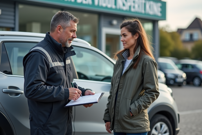Mecanicien avec conducteur devant un centre de contrôle technique