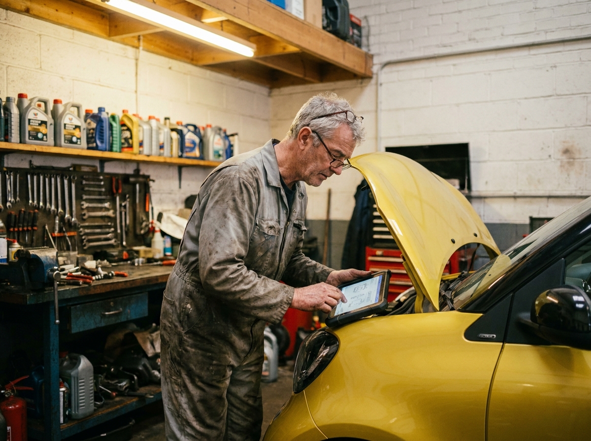 Mécanicien senior diagnostiquant la batterie d'une voiture sans permis électrique avec une tablette dans un atelier indépendant