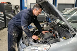 Mécanicien professionnel effectuant l'entretien du moteur 2 HDi 90 sur un véhicule diesel dans un atelier automobile
