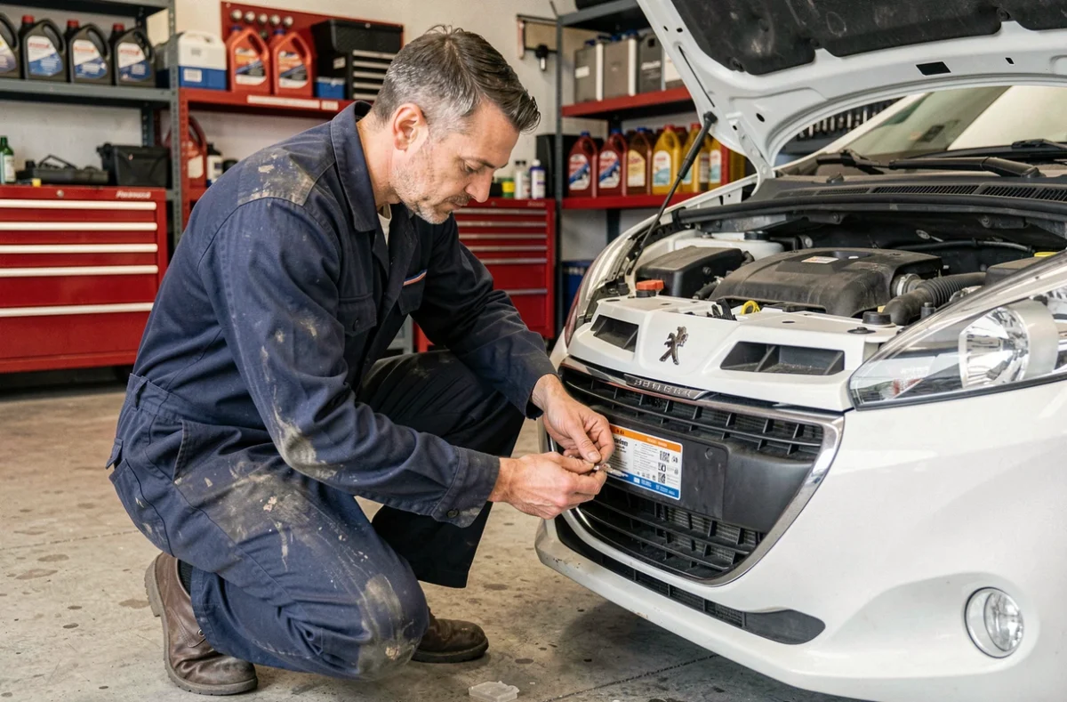 Mécanicien inspectant le niveau d'huile moteur d'une Peugeot 208 essence dans un garage automobile