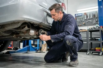 Mécanicien inspectant le tuyau d'échappement sous une voiture en atelier pour diagnostiquer un problème de bruit ou de fumée