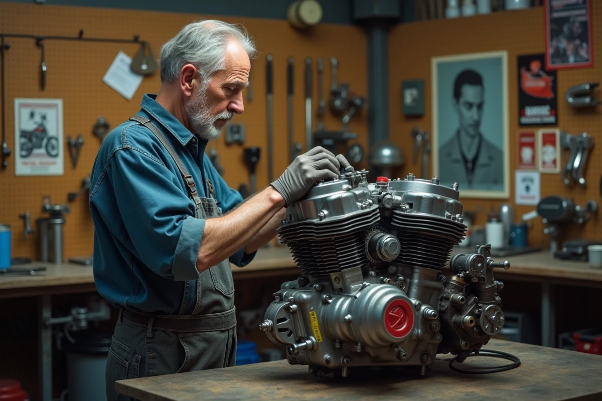 Mécanicien expérimenté inspectant les carburateurs d'un moteur Honda CB750 démonté dans un atelier de mécanique moto authentique