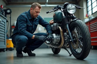 Mécanicien inspectant les freins d'une moto dans un garage de contrôle technique