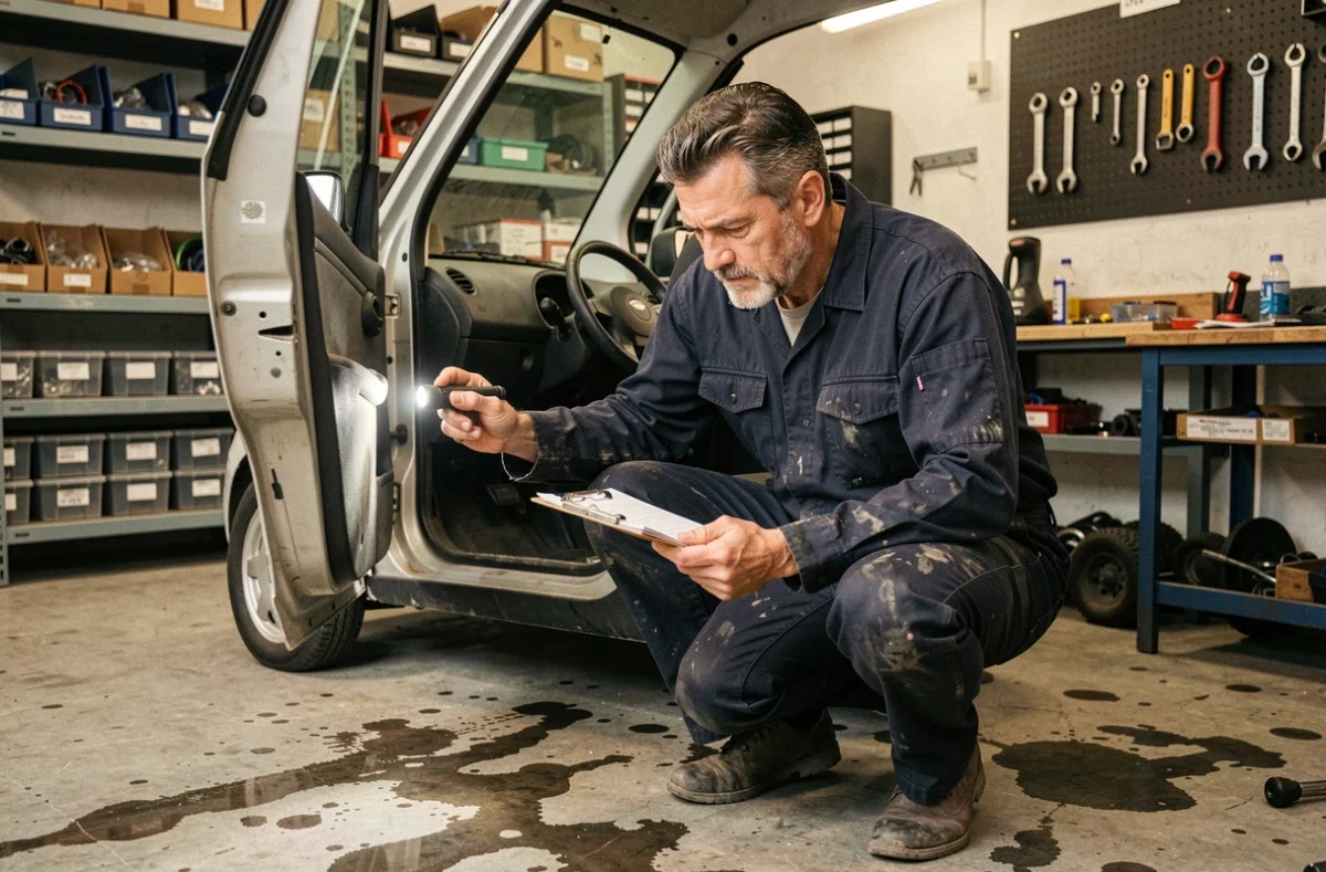 Mécanicien inspectant une voiture sans permis d'occasion dans un atelier de garage, vérifiant l'état de la carrosserie