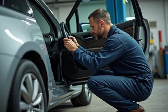 Mécanicien inspectant la position d'un volant de voiture dans un garage automobile professionnel