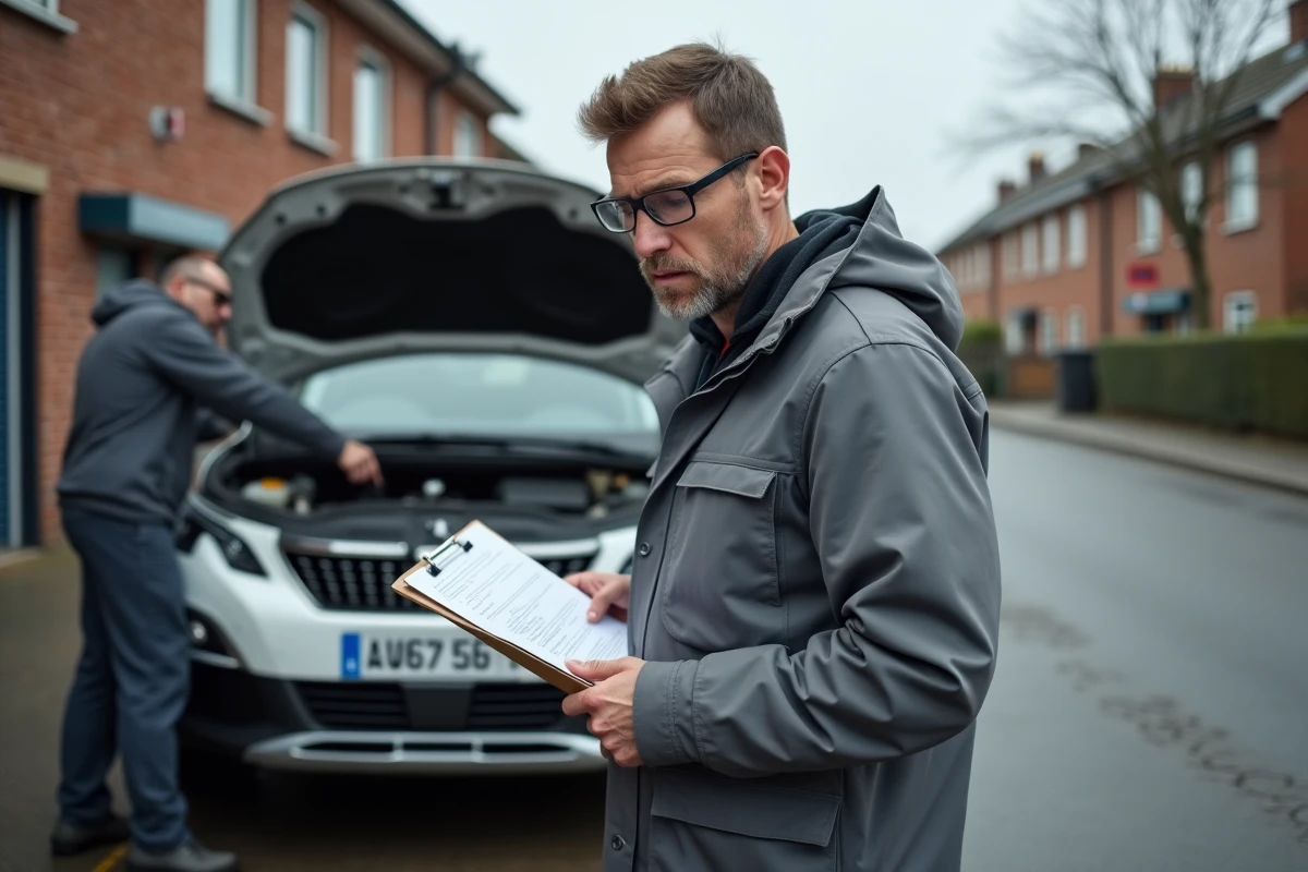 Mécanicien consultant un rapport de diagnostic devant le compartiment moteur d'une Peugeot 3008 pour analyser le défaut P2563