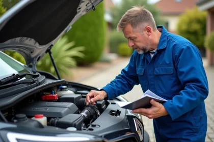 Mécanicien homme pointant un relais moteur Renault Mégane