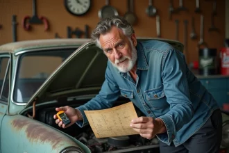 Mécanicien consultant un tableau de conversion CC en CV pour voiture ancienne dans un garage rustique