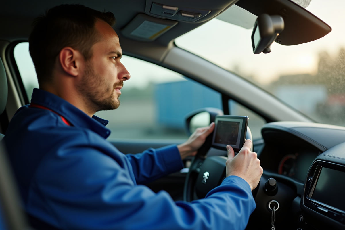 Mécanicien utilisant une tablette de diagnostic dans une voiture Peugeot